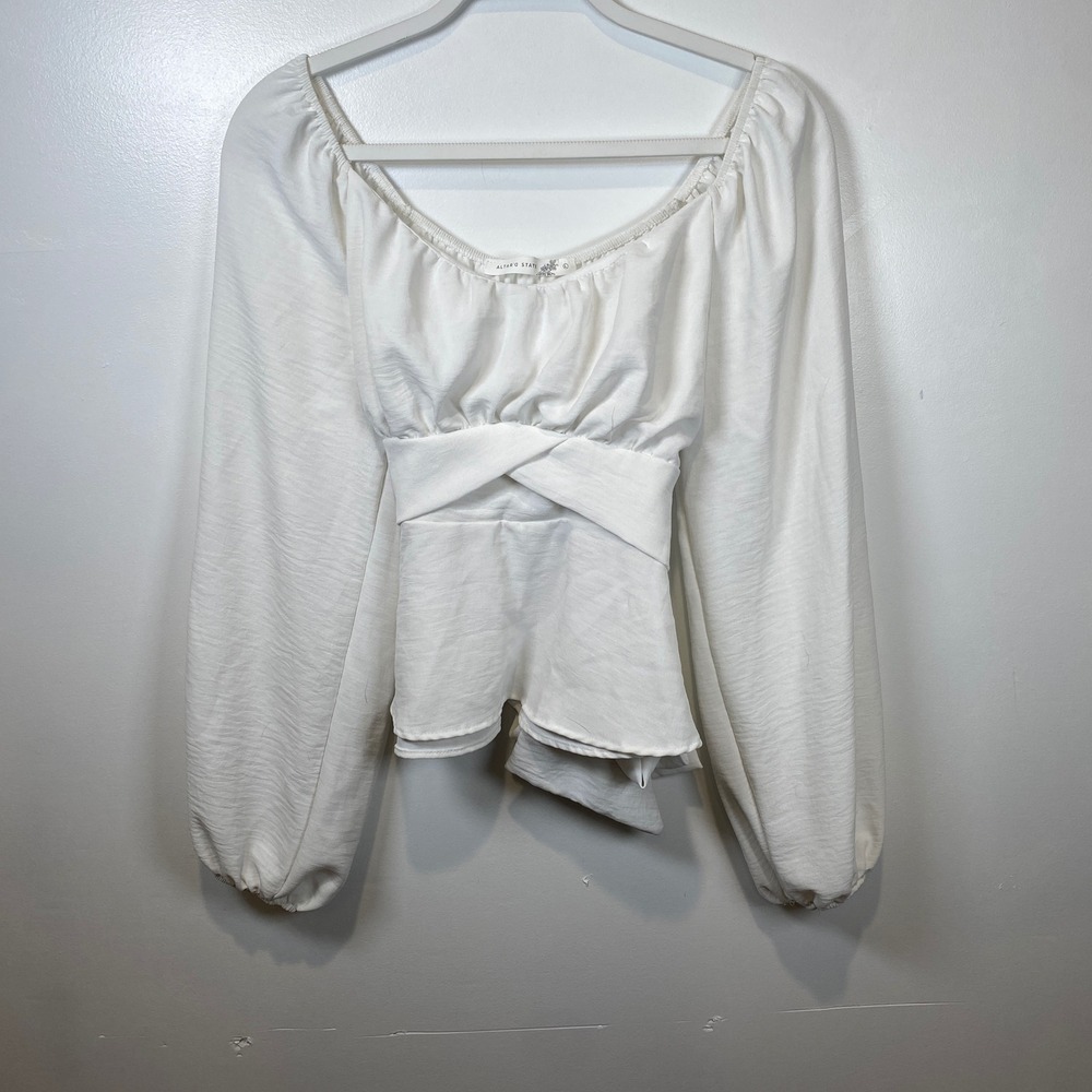 Altar'd State Peplum Blouse Criss Cross Tie Balloon Sleeve White‎ L